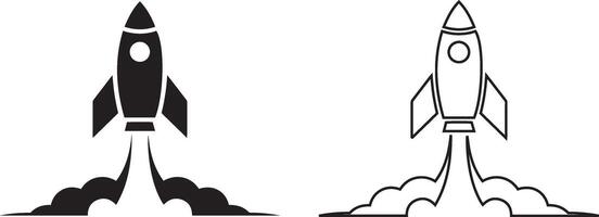 Two Rocket Ship Icons Launching, Black and Outline Styles, White Background vector