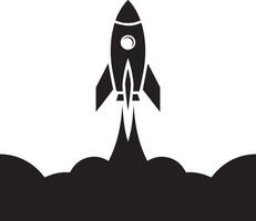 Black and white rocket launching upwards, leaving a trail of smoke vector