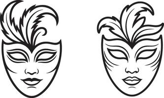 Two elegant Venetian masquerade masks with feather details, black and white line art illustration vector