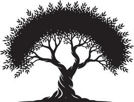 Silhouette of a majestic olive tree, sprawling branches, black and white illustration, nature graphic, botanical art, simple design, elegant style, vector