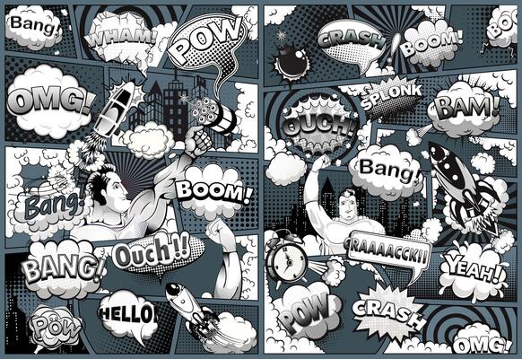 Retro comic book action scene. Vintage pop art style illustration with superheroes, rockets, explosions, and dramatic sound effects like pow, boom, and omg.