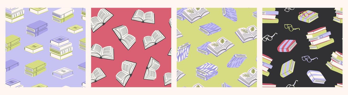 Seamless pattern collection with various hand drawn books. Set of simple tiles for prints, wrapping paper, crafts, fabrics, textiles, Back to School, book fair, bookmark themes.