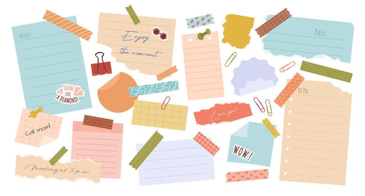 Set of torn paper notes, stickers, to do lists, duct washi tapes, paper clips. Isolated sticky craft elements and reminders for scrapbooking, collages, and mood boards. Illustrations on white.