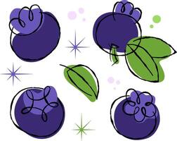 Blueberries And Stars is a whimsical set featuring hand-drawn blueberries and leaves styled in a 50s retro manner. The color palette includes deep purples, vibrant greens, and soft pastels. vector