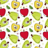 Fruits and berries pattern featuring apples and pears. 50s retro style illustrations with decorative stars and leaves. Bold colors like red, green, and yellow against a transparent background. vector