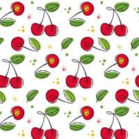 Pattern with red cherries and green leaves in 50s retro style. Seamless background for fabric design, wrapping paper, summer theme. vector