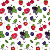Colorful berries and fruits seamless 50s retro style pattern, hand drawn doodle art for fabric, packaging on transparent background. vector