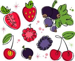 Hand drawn fruit and berry collection with strawberry and cherry illustrations on transparent background. Cute style for summer. vector