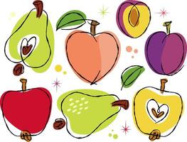Colorful hand drawn fruit illustration set with apples, peach, plum, and pear in a retro 50s style on transparent background. vector