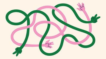Cartoon hands in retro motion doodle hand gestures like pointing, peace, OK sign and holding pose in playful funky style for posters, stickers and groovy graphics vector