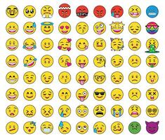 Set of 72 round, flat yellow emojis with different facial expressions happy, naughty, crying, in love, sick, partying, surprised, evil, and with the LGBTI flag vector