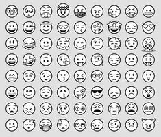 Set of 72 round white emojis with a black line depicting different facial expressions happy, naughty, crying, in love, sick, partying, surprised, and evil vector