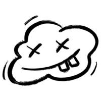 Playful black and white doodle of a cartoon cloud featuring crossed out eyes and a goofy smile with big teeth. vector