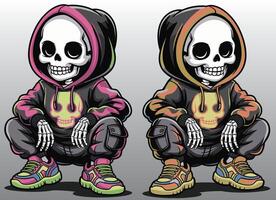 A fashionable skeleton in a hoodie and sneakers, crouched down. vector