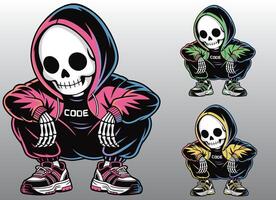 A skeleton in sneakers and a hoodie poses in a crouched position. vector
