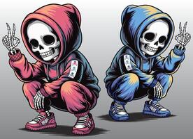 A crouched skeleton wearing a hoodie and sneakers. vector