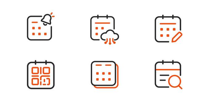 Modern calendar icon set, notification, cloud sync, edit, QR code, multi-view, and search functions. Essential for digital scheduling, event management, and productivity apps. vector