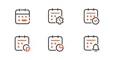 Modern calendar icon set featuring essential symbols for event scheduling, time management, appointments, and task reminders. Ideal for business apps, web interfaces, and digital planners. vector