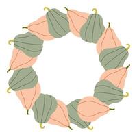Blue and pink pumpkin circle frame. Round border made of fall pumpkins. The pumpkins have different shapes and are arranged in a circle. flat isolated on white background. vector