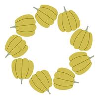 Green simple pumpkin circle frame. Round border made of fall pumpkins. The pumpkins have different shapes and are arranged in a circle. flat isolated on white background. vector