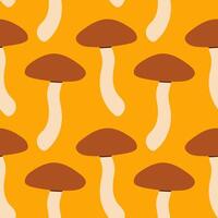 Mushrooms seamless pattern. Autumn isolated mushrooms on yellow background. Square repeat pattern flat design for fall season. vector