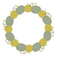 Green pumpkin circle frame. Round border made of fall pumpkins. The pumpkins have different shapes and are arranged in a circle. flat isolated on white background. vector