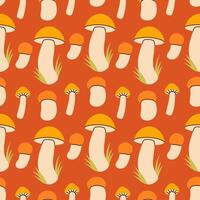 Mushrooms seamless pattern. Autumn isolated mushrooms on red background. Square repeat pattern flat design for fall season. vector