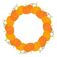Simple pumpkin circle frame. Round border made of fall pumpkins. The pumpkins have different shapes and are arranged in a circle. flat isolated on white background. vector