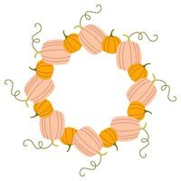 Orange pumpkin circle frame. Round border made of fall pumpkins. The pumpkins have different shapes and are arranged in a circle. flat isolated on white background. vector