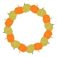 Green and orange pumpkin circle frame. Round border made of fall pumpkins. The pumpkins have different shapes and are arranged in a circle. flat isolated on white background. vector