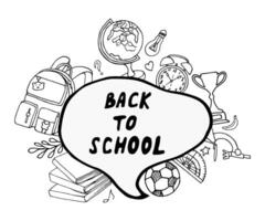 Back to school line drawing. Hand drawn black and white graphics. Composition of school items in doodle style globe, alarm clock, backpack, books, stationery. For notebook design, posters, poster vector