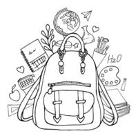 Back to school line drawing. Hand drawn black graphics. Composition of school items in doodle style backpack and school supplies. For design of projects, coloring books, educational materials vector