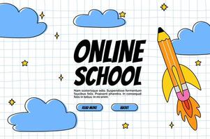 Online school banner with a pencil rocket and a grid background vector