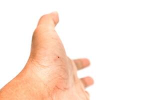 Open hand reaching out towards viewer with a light skin tone on a white background photo