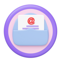3D envelope with at symbol, circle button isolated. notify newsletter, online social network, incoming email concept, minimal design, cartoon style, 3d render illustration png