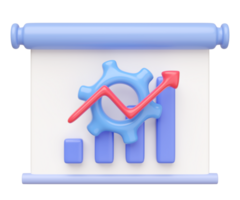 3d presentation board icon with gear, graph, data isolated. cartoon style. business finance analysis, 3d render illustration png