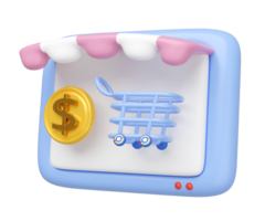 3D computer monitor store front with dollar coin, shopping cart isolated. Ideal for online shopping, represents e commerce and online retail. cartoon style, minimal design, 3d render png