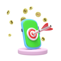 3d smartphone with target, dart, podium icon isolated. business accuracy target, Investment ,finance, success concept, 3d render illustration, cartoon style png