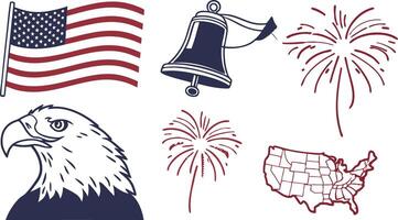 Fourth of July patriotic icon set with flag fireworks and eagle vector