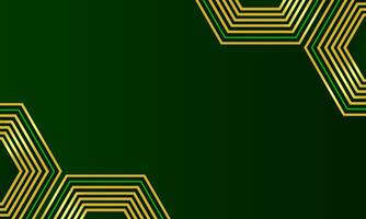Luxurious green abstract background with golden hexagon ornaments in all corners vector