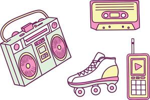 Glowing Retro Style Boombox and Cassette Art Set vector