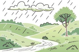 Peaceful Monsoon Artwork with Hills and Wet Reflections vector