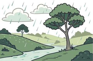 Cartoon Style Monsoon Landscape with Trees River and Clouds vector