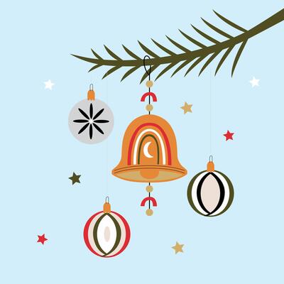 Christmas decorations hanging from a tree branch