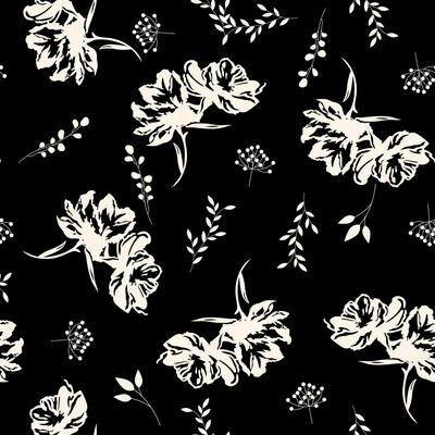 A black and white floral pattern with leaves and flowers
