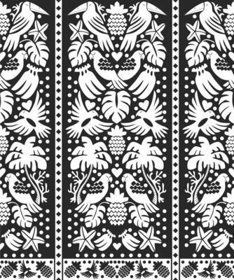 A black and white pattern with birds and flowers