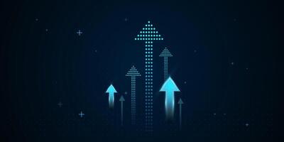 The arrows vary in size and brightness, creating a dynamic effect that conveys upward momentum and digital advancement. The multiple glowing blue dots arrows, illustration vector