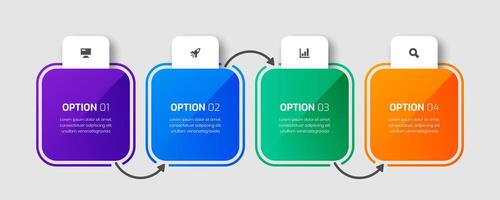 Business Infographic Template with Square Label, Arrows, 4 Options and Icon for Presentation vector