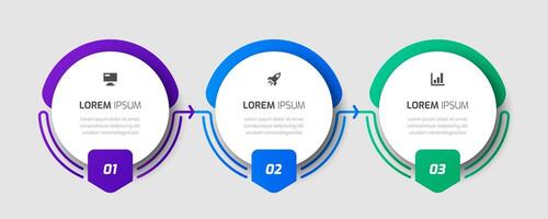 Business Infographic Template with Circle Label, Arrows, 3 Numbers and Icon for Presentation, Process Diagram vector