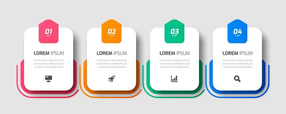 Business Infographic Template Design with Rounded Label, 4 Numbers and Icon for Process Diagram, Presentations, Workflow Layout, Banner, Flow Chart, Infographic